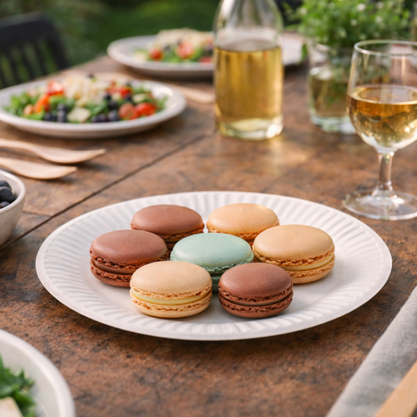 Assiette en carton blanche dessert avec macarons en extérieur