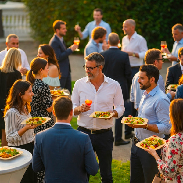 Soirée traiteur repas dans assiette en palmier