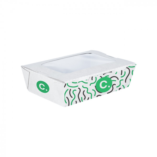 Boîte à salade rectangulaire personnalisée en carton avec couvercle à fenêtre 700 mL - Impression jusqu'à 4 couleurs