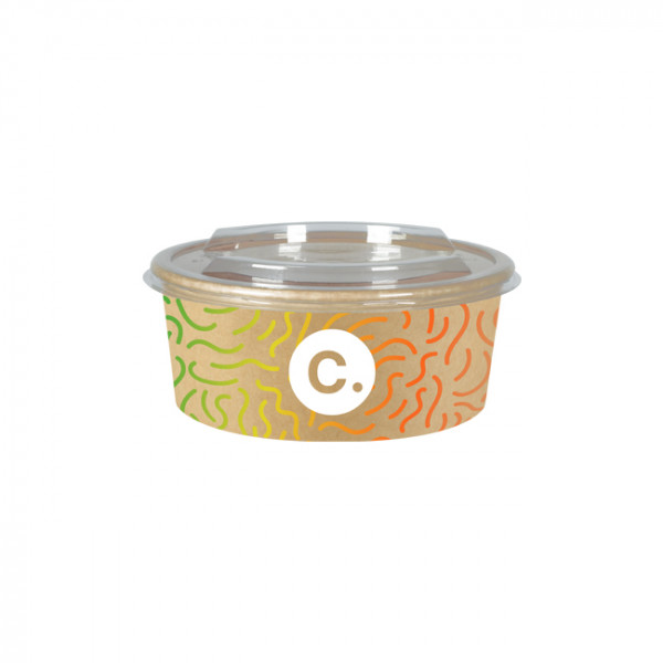 Boîte à salade ronde personnalisée en carton kraft avec couvercle 750 mL - Impression quadrichromie couleurs illimitées