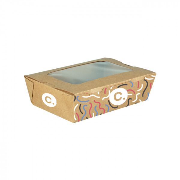 Boîte à salade rectangulaire personnalisée en carton avec couvercle à fenêtre 700 mL - Impression jusqu'à 4 couleurs