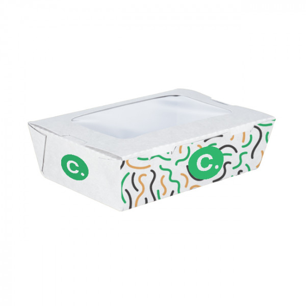 Boîte à salade rectangulaire personnalisée en carton avec couvercle à fenêtre 900 mL - Impression jusqu'à 4 couleurs