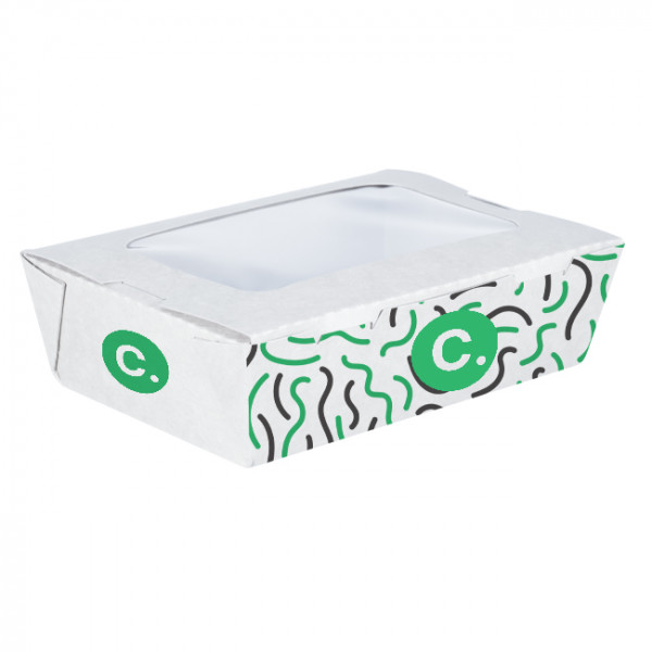 Boîte à salade rectangulaire personnalisée en carton avec couvercle à fenêtre 1200 mL - Impression jusqu'à 4 couleurs
