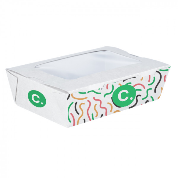 Boîte à salade rectangulaire personnalisée en carton avec couvercle à fenêtre 1200 mL - Impression jusqu'à 4 couleurs