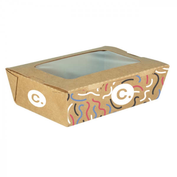 Boîte à salade rectangulaire personnalisée en carton avec couvercle à fenêtre 1200 mL - Impression jusqu'à 4 couleurs