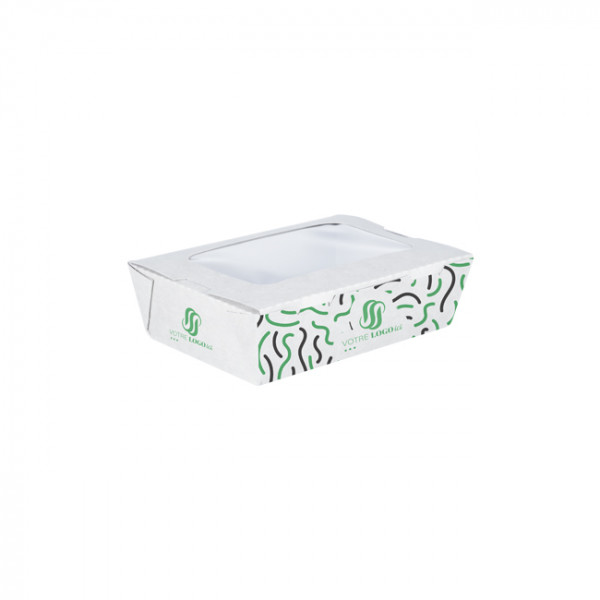 Boîte à salade rectangulaire personnalisée en carton avec couvercle à fenêtre 700 mL - Impression jusqu'à 4 couleurs
