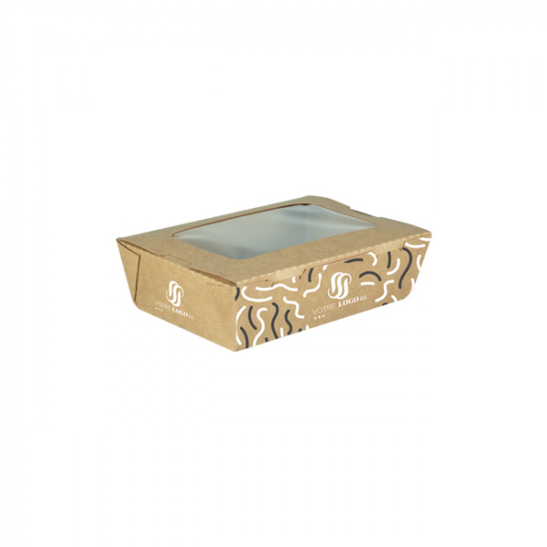 Boîte à salade rectangulaire personnalisée en carton avec couvercle à fenêtre 700 mL - Impression jusqu'à 4 couleurs