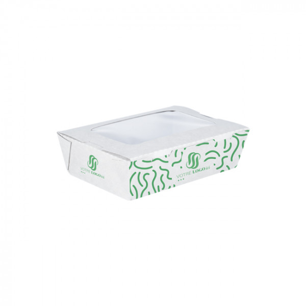 Boîte à salade rectangulaire personnalisée en carton avec couvercle à fenêtre 900 mL - Impression jusqu'à 4 couleurs