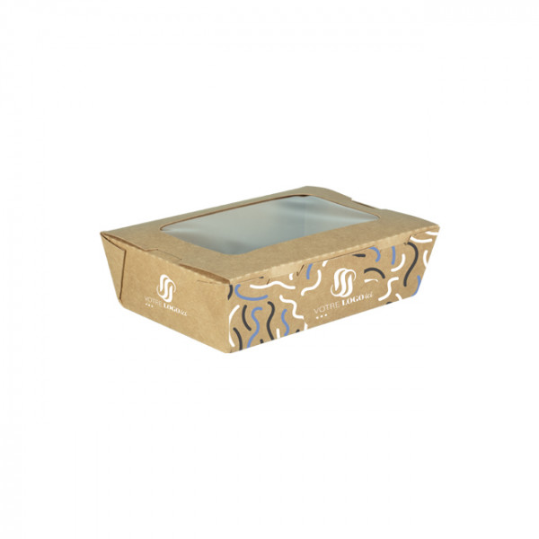 Boîte à salade rectangulaire personnalisée en carton avec couvercle à fenêtre 900 mL - Impression jusqu'à 4 couleurs
