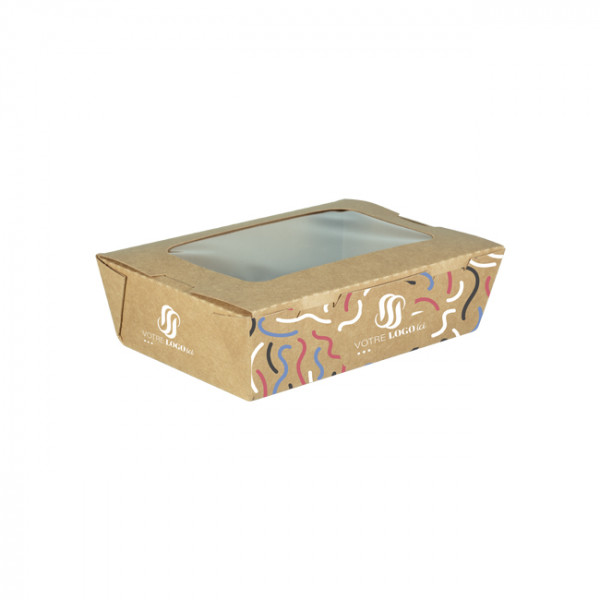 Boîte à salade rectangulaire personnalisée en carton avec couvercle à fenêtre 1200 mL - Impression jusqu'à 4 couleurs