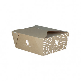 Boîte repas rectangulaire personnalisée en carton et couvercle à rabat 1350 mL - Impression jusqu'à 4 couleurs - Kraft