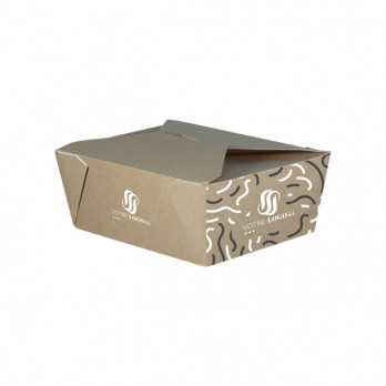 Boîte repas rectangulaire personnalisée en carton et couvercle à rabat 1350 mL - Impression jusqu'à 4 couleurs - Kraft