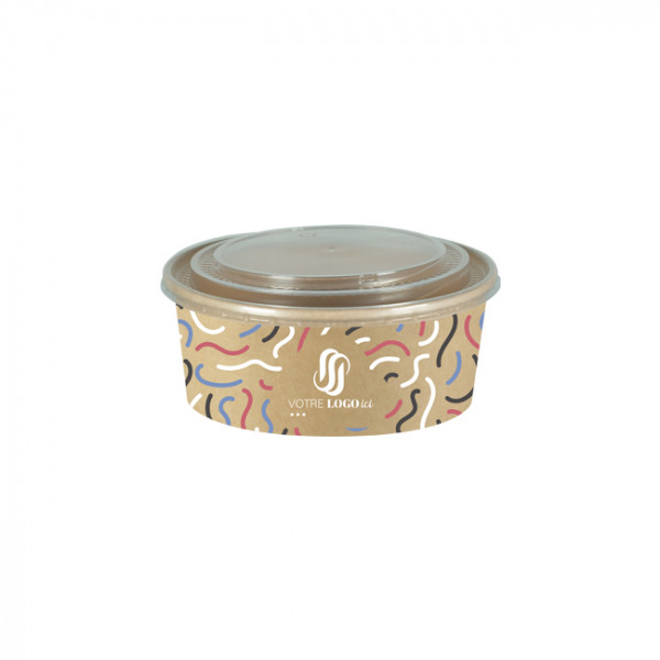 Boîte à salade ronde personnalisée en carton avec couvercle 1300 mL - Impression jusqu'à 4 couleurs