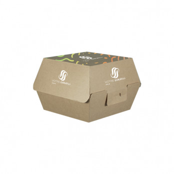 Boîte à burger carrée personnalisée en carton 14,4 x 13,6 x 9,2 cm - Impression quadrichromie couleurs illimitées