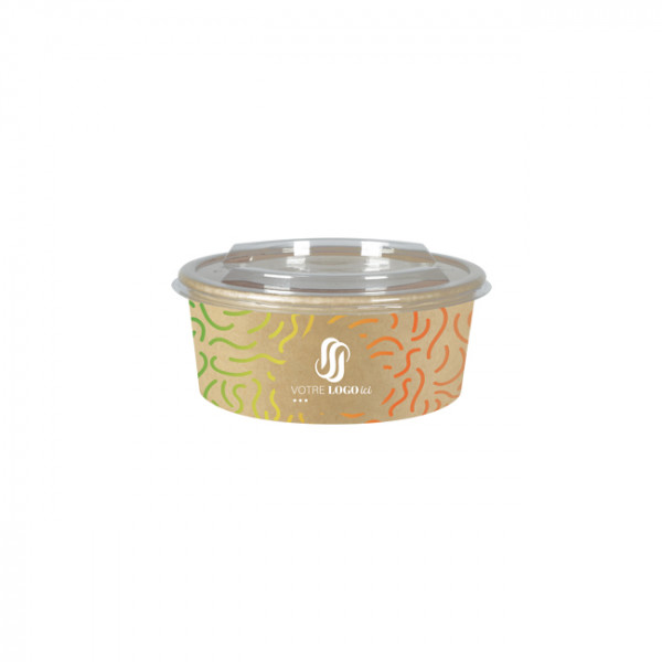 Boîte à salade ronde personnalisée en carton kraft avec couvercle 750 mL - Impression quadrichromie couleurs illimitées