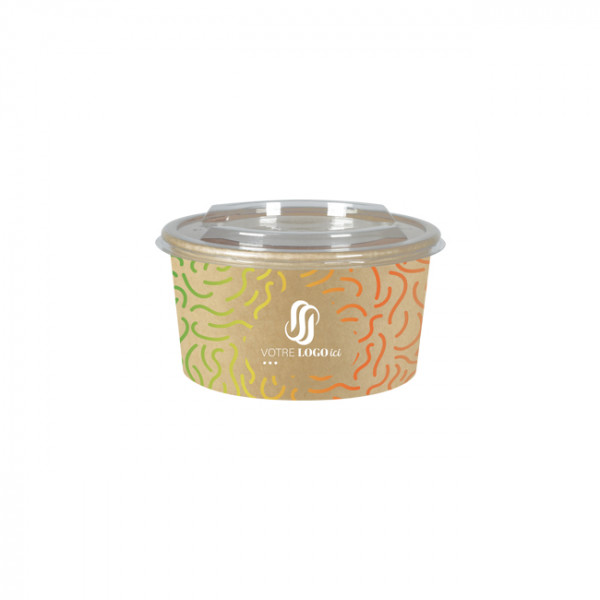Boîte à salade ronde personnalisée en carton kraft avec couvercle 1000 mL - Impression quadrichromie couleurs illimitées