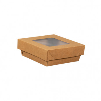 Boîte à salade carrée en carton kraft et couvercle à fenêtre 14 cm
