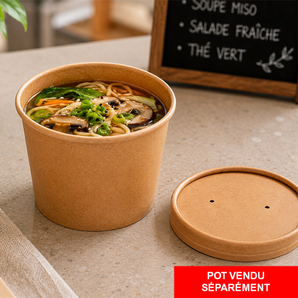 Pot à soupe en carton brun kraft et couvercle assorti pour vente à emporter