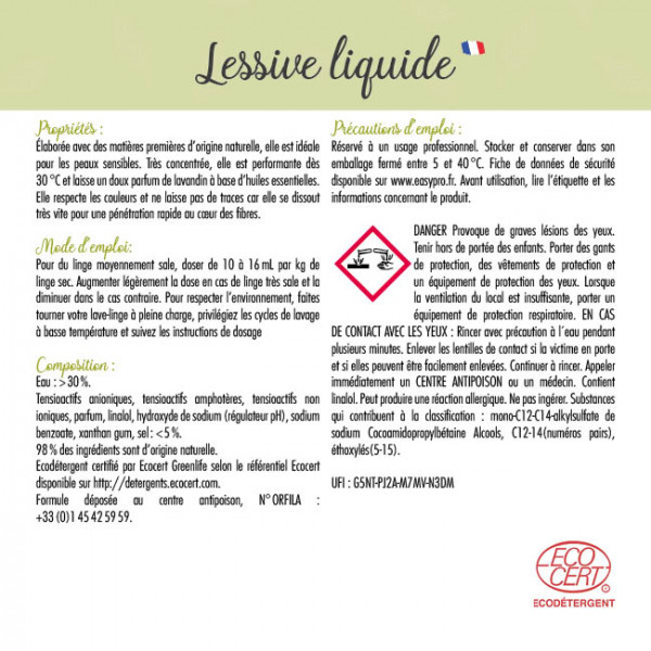 Lessive liquide certifiée Ecocert pour professionels
