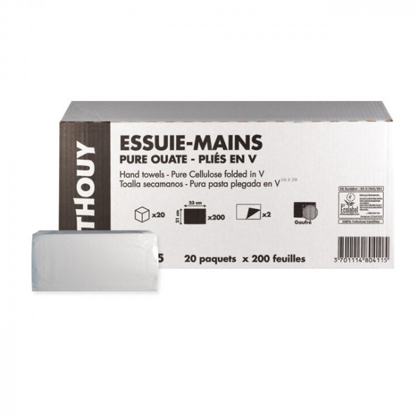 Essuie-mains 2 plis Pure ouate - Paquets 200 feuilles - Pliés V