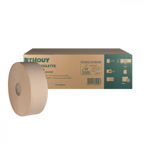 Papier toilette 2 plis - Ouate recyclée havane - Mini jumbo de 180 m