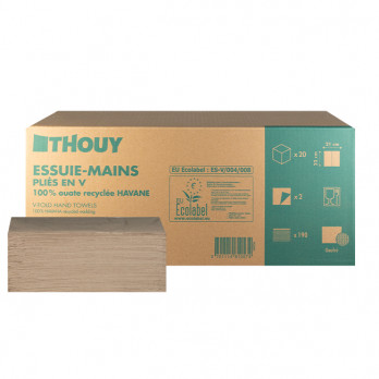 Essuie-mains enchevêtré plié V - Ouate recyclée havane 2 plis - 20 x 190 feuilles 21 x 22 cm