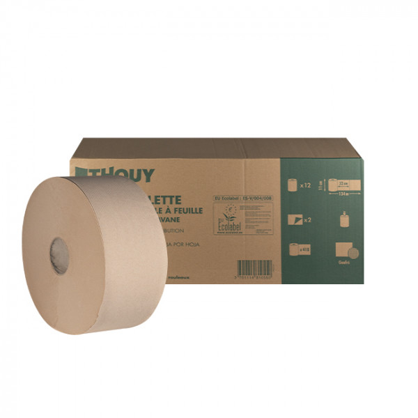 Papier toilette 2 plis - Ouate recyclée havane - Rouleaux de 134 m - Distribution feuille à feuille