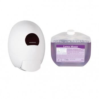 Distributeur Alphamouss M + lotion lunéa Mouss mains Ecolabel 800 mL