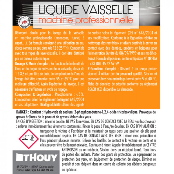 Produit liquide pour vaisselle en machine professionnelle 5L. Efficace et puissant.