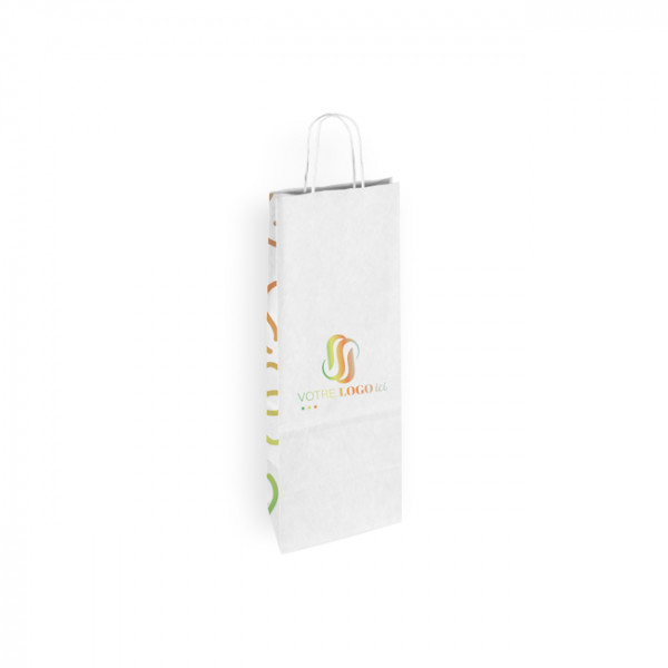 Sac à bouteille personnalisé en papier blanc 18 + 8 x 39 cm - Poignées torsadées - Impression 1 couleur ou quadrichromie