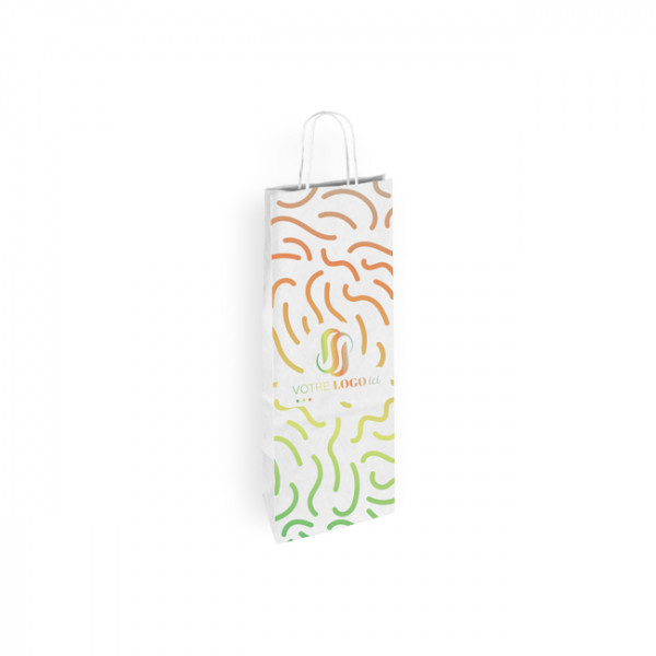 Sac à bouteille personnalisé en papier blanc 18 + 8 x 39 cm - Poignées torsadées - Impression 1 couleur ou quadrichromie