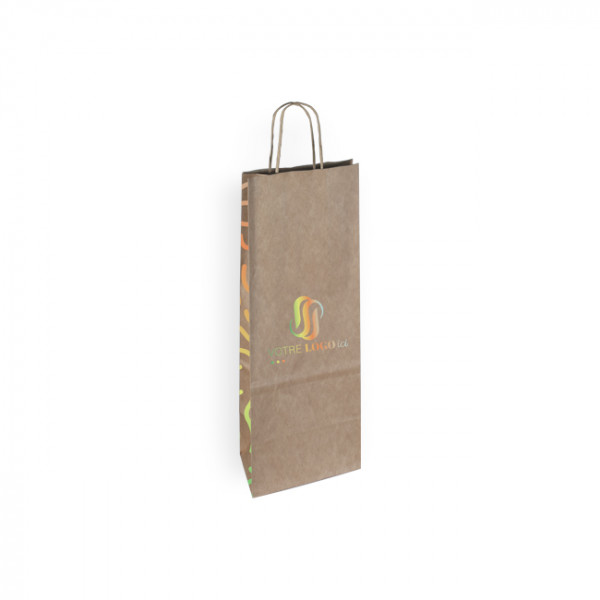 Sac à bouteille personnalisé en papier kraft 18 + 8 x 39 cm - Poignées torsadées - Impression 1 couleur ou quadrichromie