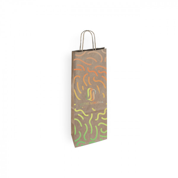 Sac à bouteille personnalisé en papier kraft 18 + 8 x 39 cm - Poignées torsadées - Impression 1 couleur ou quadrichromie