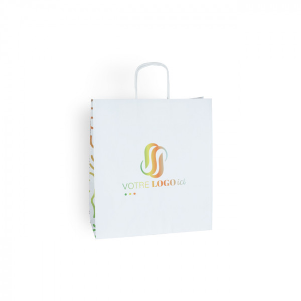 Sac cabas personnalisé en papier blanc 24 + 11 x 32 cm -Poignées torsadées - Impression 1 couleur ou quadrichromie