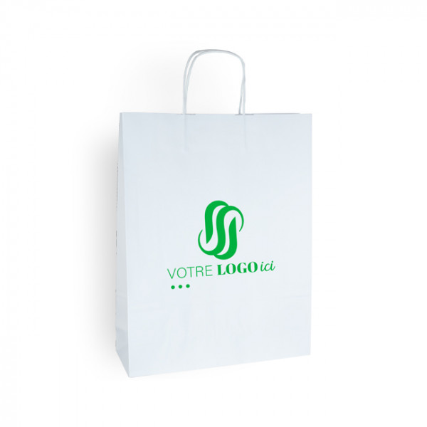 Sac cabas personnalisé en papier blanc 32 + 11 x 42 cm -Poignées torsadées - Impression 1 couleur ou quadrichromie