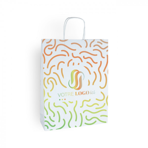 Sac cabas personnalisé en papier blanc 32 + 11 x 42 cm -Poignées torsadées - Impression 1 couleur ou quadrichromie