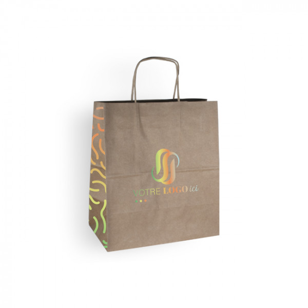 Sac cabas personnalisé en papier kraft 27 + 16 x 31 cm -Poignées torsadées - Impression 1 couleur ou quadrichromie