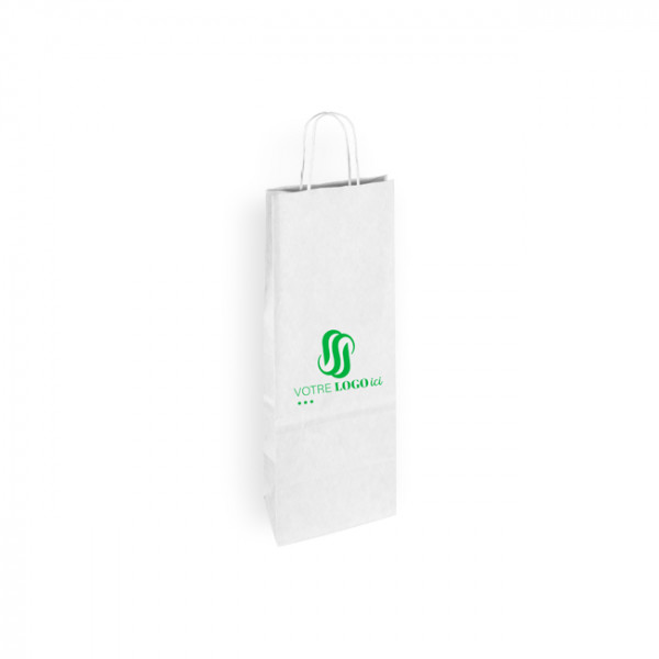 Sac à bouteille personnalisé en papier blanc 18 + 8 x 39 cm - Poignées torsadées - Impression 1 couleur ou quadrichromie