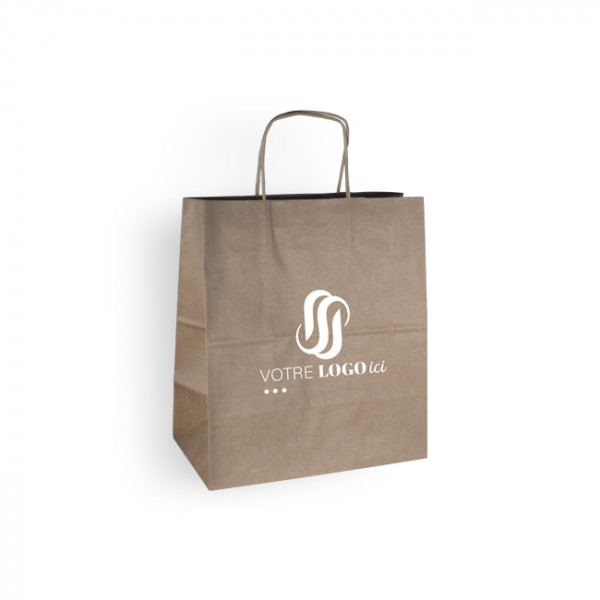 Sac cabas personnalisé en papier kraft 27 + 16 x 31 cm -Poignées torsadées - Impression 1 couleur ou quadrichromie
