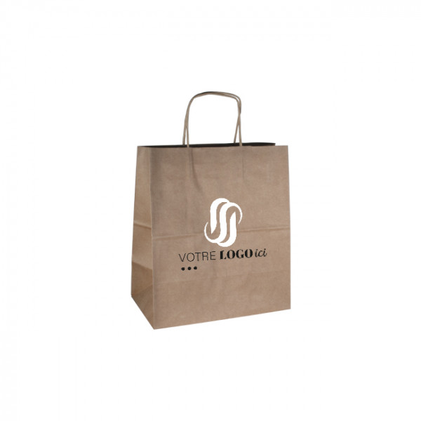Sac cabas personnalisé en papier kraft 26 + 17 x 28 cm - Poignées torsadées - Impression jusqu'à 3 couleurs