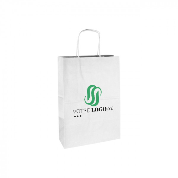 Sac cabas personnalisé en papier blanc 26 + 10 x 35 cm - Poignées torsadées - Impression jusqu'à 3 couleurs