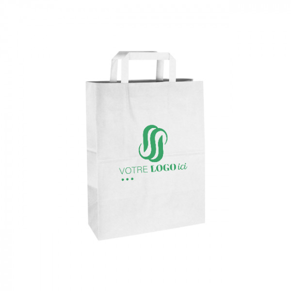 Sac cabas personnalisé en papier blanc 26 + 10 x 35 cm - Poignées plates - Impression jusqu'à 3 couleurs