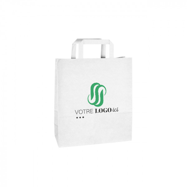 Sac cabas personnalisé en papier blanc 24 + 10 x 32 cm - Poignées plates - Impression jusqu'à 3 couleurs